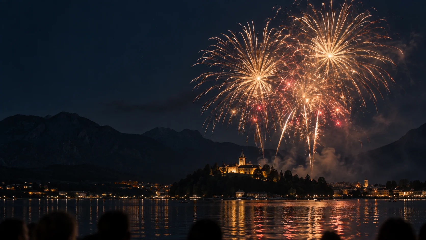 Goldenes Feuerwerk über einem See in der Abenddämmerung